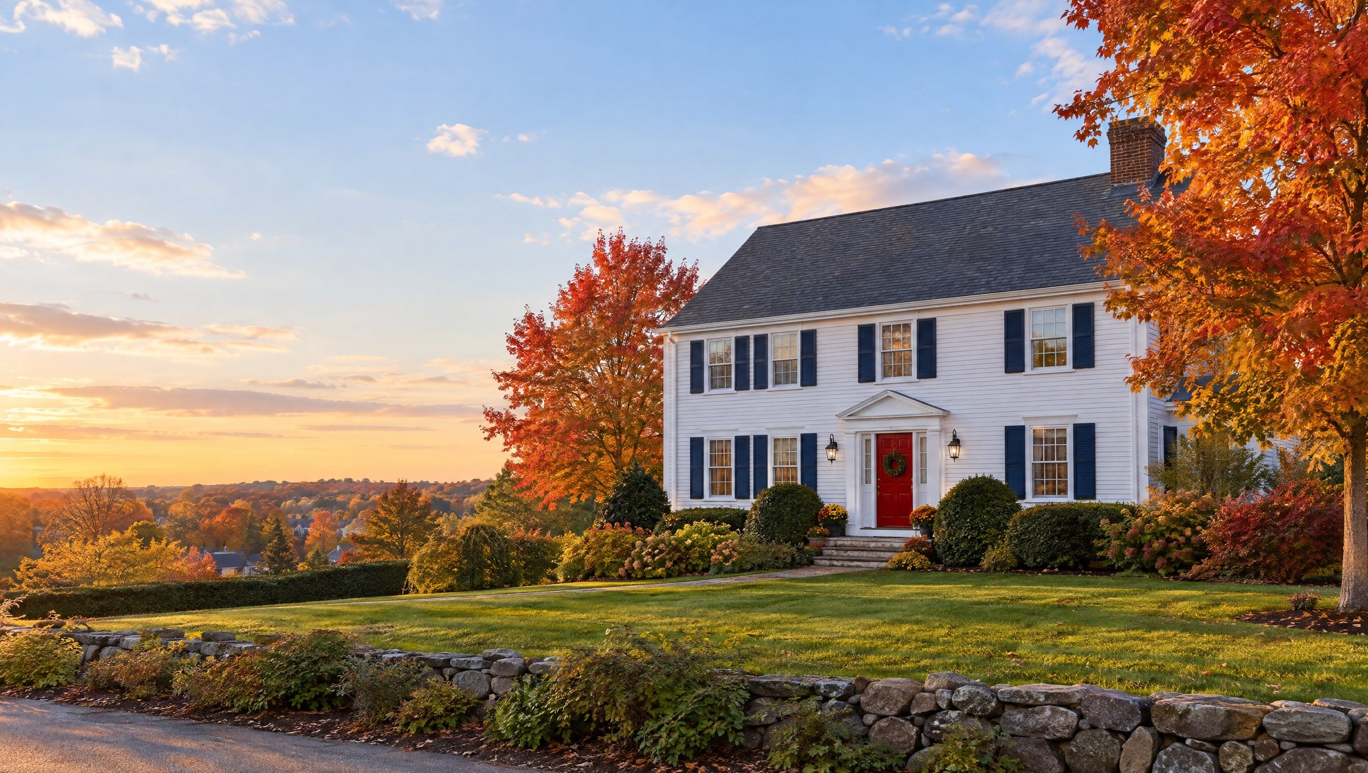 Freshly painted New England colonial home in autumn
