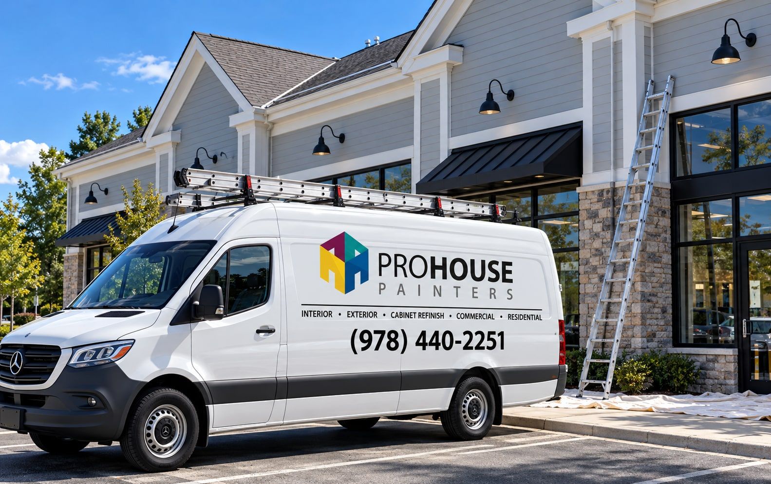 Pro House Painters van outside a commercial building