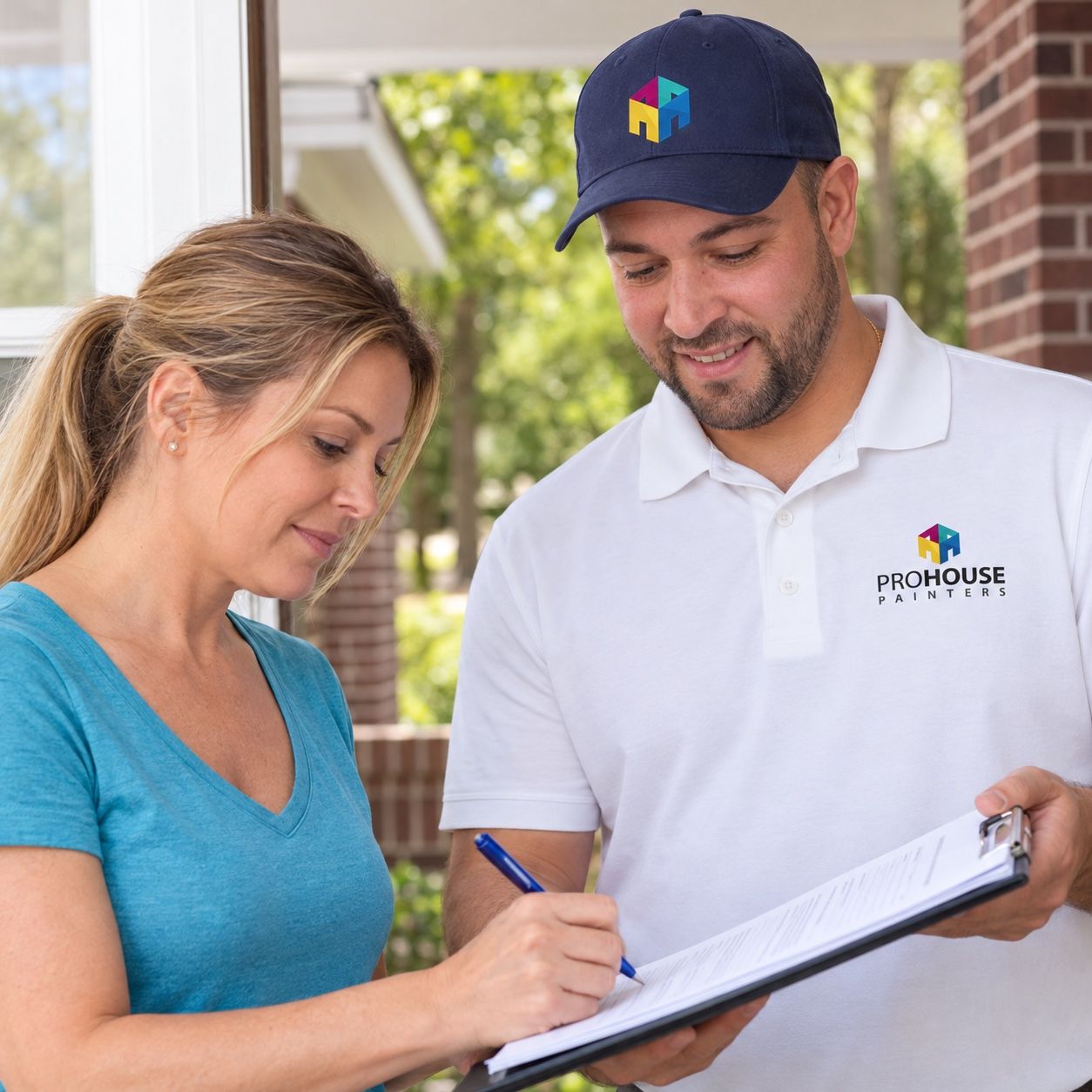 Pro House Painters estimator reviewing a written estimate with a homeowner