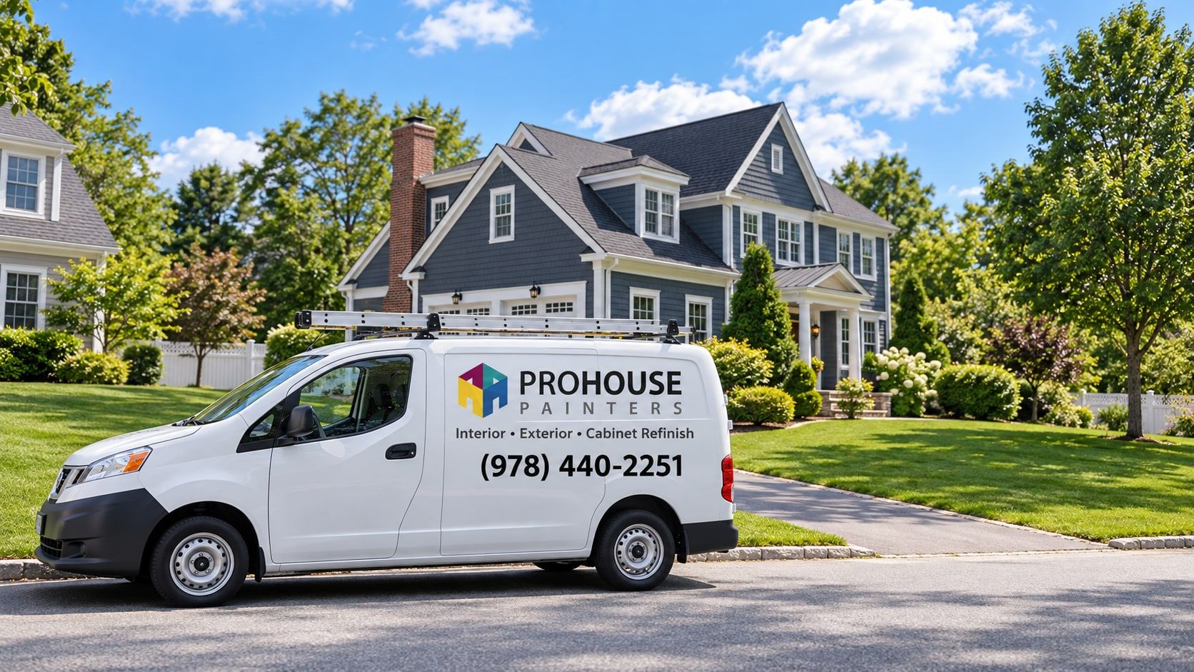 Pro House Painters van in front of a freshly painted gray colonial