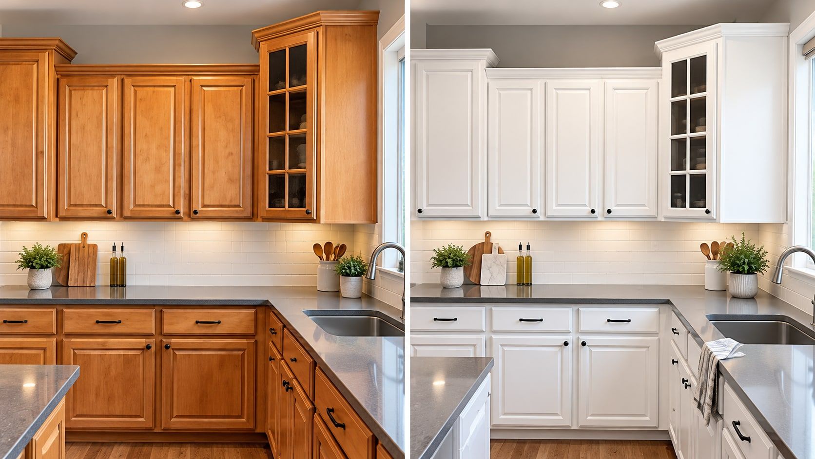 Kitchen cabinets before and after being painted white